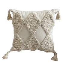 Neutral Throw Pillow Case, Boho Rectangle Throw Pillow Cover with Hand-Woven Tufted Decorative Details, Soft Wool Fabric for Bohemian Inspired Farmhou