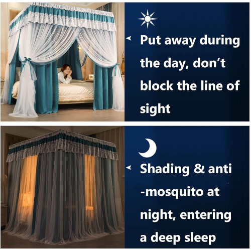 Mosquito Net Bed Canopy Double Layer with 4Pole Support, Lace Decor, Full Enclosure for King Bed 2