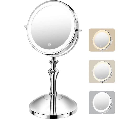 Lighted Makeup Mirror 8 Inch Double Sided 1X 10X Magnification LED 3 Color Rechargeable Adjustable