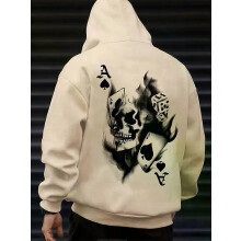 (XXL)Men's versatile hoodie with skull pattern print and fleece hooded casual top suitable for outdoor activities in spring and autum