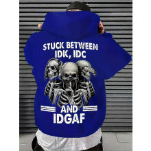 (XL)Men's versatile hoodie with skull pattern print and fleece hooded casual top suitable for outdoor activities in spring and autum