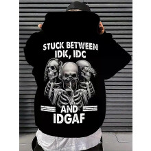 (L)Men's versatile hoodie with skull pattern print and fleece hooded casual top suitable for outdoor activities in spring and autum
