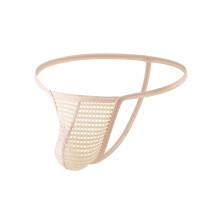 Men's Mesh String Thong Bulge Enhancing Pouch Sheer Underwear Transparent Breathable Lingerie Gay Thong Stretch Sportslip Soft Underpants Beige XL