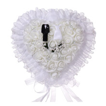 Heartshaped ring holder pillow with white lace flowers, crystal beads, and ring box