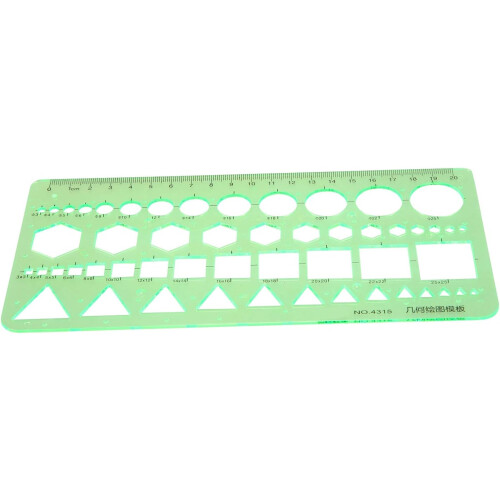 Plastic, green, circles, square, hexagonal, geometric, model ruler, 0 – 20 cm 2