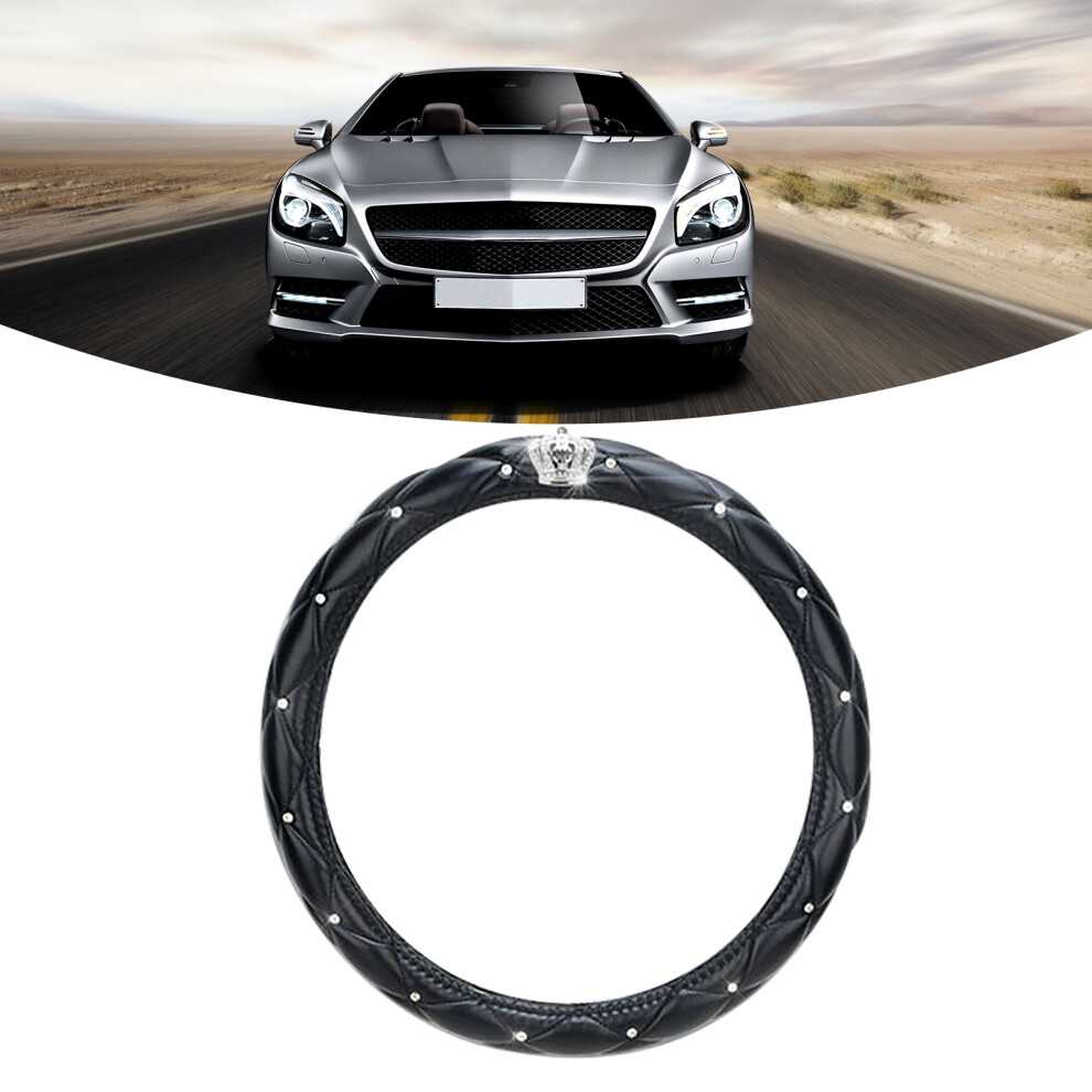 Women's Cute Artificial Leather Rhinestone Steering Wheel Cover, Antislip Black 6951369131727