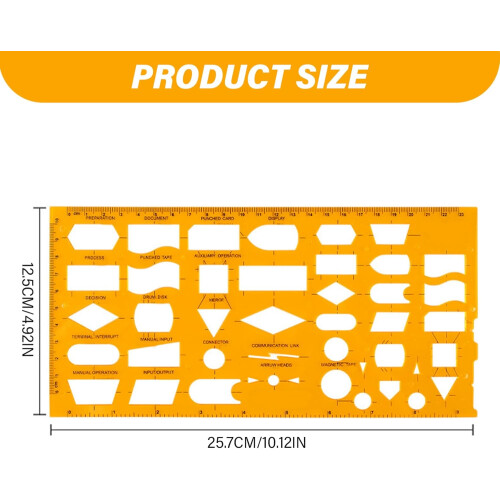 Flowchart template 10x5 inches Yellow Flexible plastic Sorted shape stencils with scale for design, drawing, and more 2