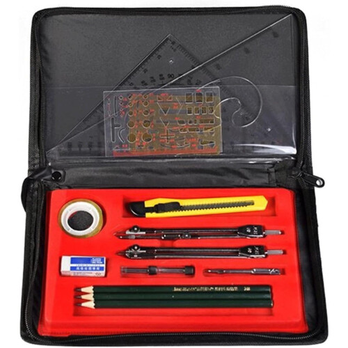 16 Piece Metal Drawing Compass Educational Tool Set  Includes Compass, Sharpener, Pencil, Ruler, Eraser, etc. Maths Compass Math Set