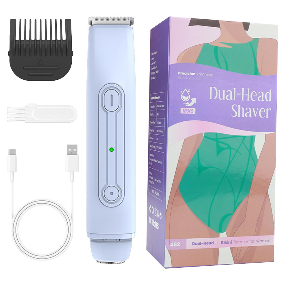 Blue Bikini Trimmer For Women Waterproof Intimate Shaver, Rechargeable Hair Removal Device With Two Attachments For Bikini Area, Legs, Underarms,