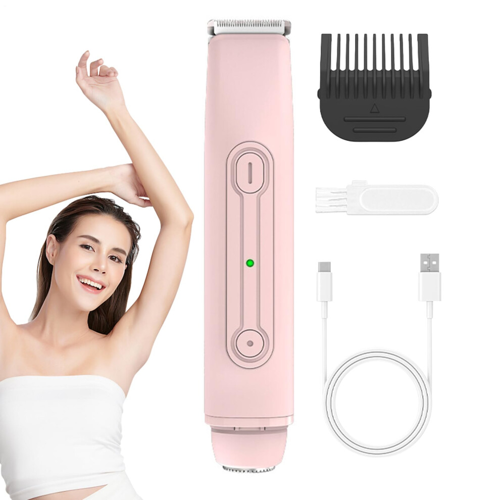 Bikini Trimmer for Women, Waterproof Intimate Shaver, Rechargeable Dual Head Hair Removal Device for Bikini Area, Travel and Home Use, Pink