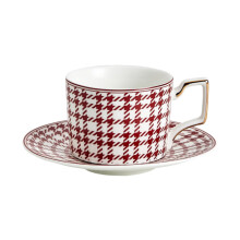 Ceramic Coffee Cup with Saucer, 200ml Red Houndstooth Pattern, Gold Gilded Handle for Tea