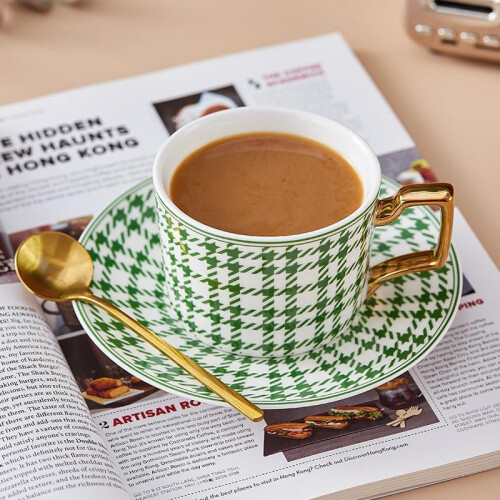 Ceramic Coffee Cup with Saucer, 200ml Red Houndstooth Pattern, Gold Gilded Handle for Tea 2