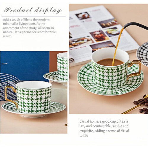 Ceramic Coffee Cup with Saucer, 200ml Red Houndstooth Pattern, Gold Gilded Handle for Tea 1