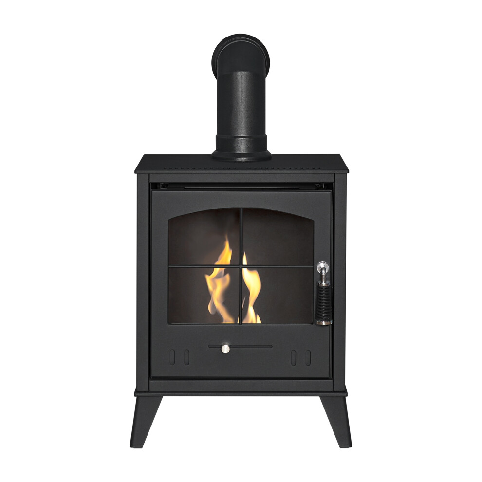 Oko Bio Ethanol Fires Oko S2 Bio Ethanol Stove In Charcoal Grey With Angled Stove Pipe