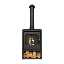 OKO S2 Bio Ethanol Stove with Log Storage in Charcoal Grey with Tall Angled Stove Pipe