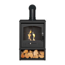 OKO S2 Bio Ethanol Stove with Log Storage in Charcoal Grey with Angled Stove Pipe