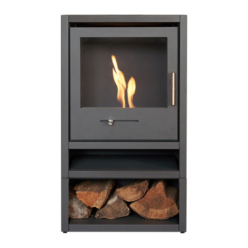 OKO S1 Bio Ethanol Stove with Log Storage in Charcoal Grey