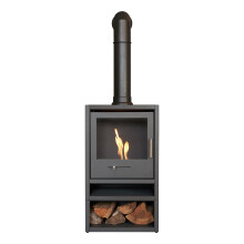 OKO S1 Bio Ethanol Stove with Log Storage in Charcoal Grey & Tall Angled Stove Pipe