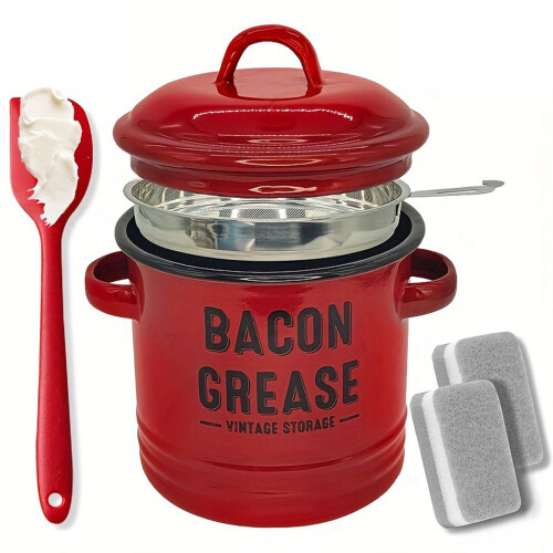 Farmhouse Enamel Bacons Grease Keeper-Red Filter scraper spong