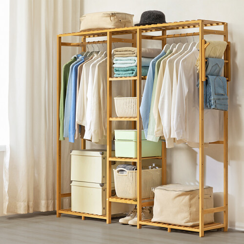 Living And Home Wooden Clothes Rack with Side Hooks