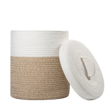 Lidded Storage Basket Cotton Rope Round 12'' D x 13.5'' H Brown White, Medium, 1 Pack, Nursery, Living Room