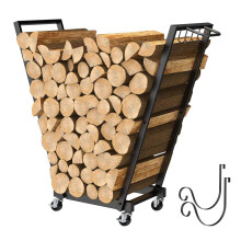 Firewood Rack with Wheels Rolling Cart Log Holder, 4 Tool Hooks, Removable Kindling Rack for Indoor Outdoor Fireplace