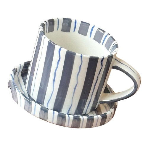 Smooth Finishes 5Inch Striped Ceramic Coffee Cup and-Blue