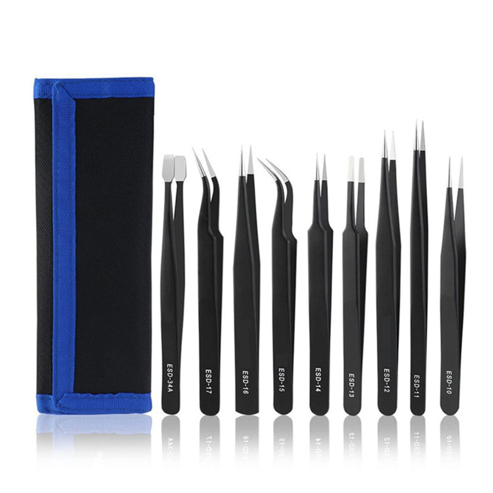 ESD Tweezers Set 9pcs Stainless Steel AntiStatic Precision Tips for Electronics  Jewelry Soldering