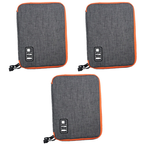 3Pcs Grey USB Cable Pouch Durable Cloth Double-Layer Organizer 2