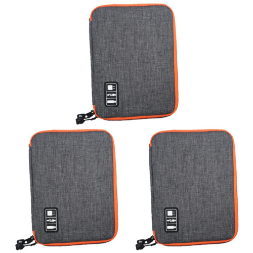 3Pcs Grey USB Cable Pouch Durable Cloth Double-Layer Organizer 1