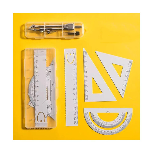 Metal drawing compass, ruler, set square, protractor (Silver)