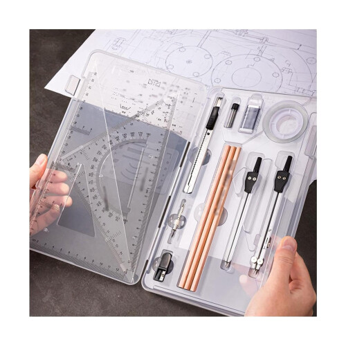 Metal drawing compass, 16piece compass set, mathematics and geometry tool set with lead refills, protractor, math compass