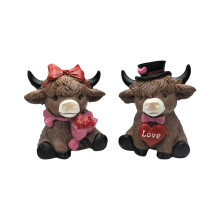 Artistic High Land Cow Resin Statue with Heart Rose-aa