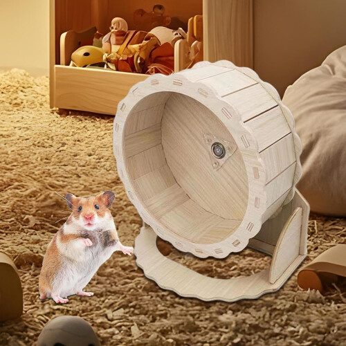 Quiet wooden hamster wheel for running exercise and chewing needs. 1