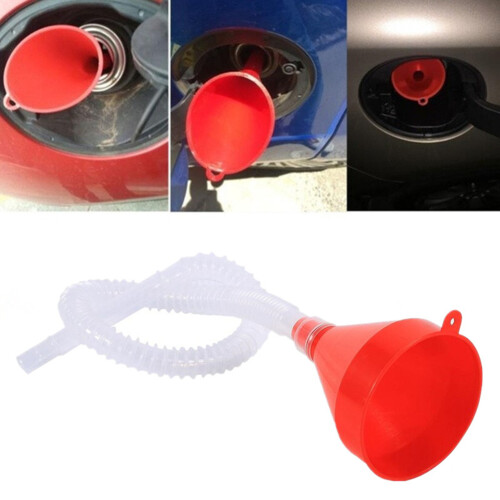 Lightweight Durable Plastic Funnel with Soft Pipe Spout Hanger Holder Tab Compact Storage for Garage or Kitchen, High Performance, Long Lasting 1