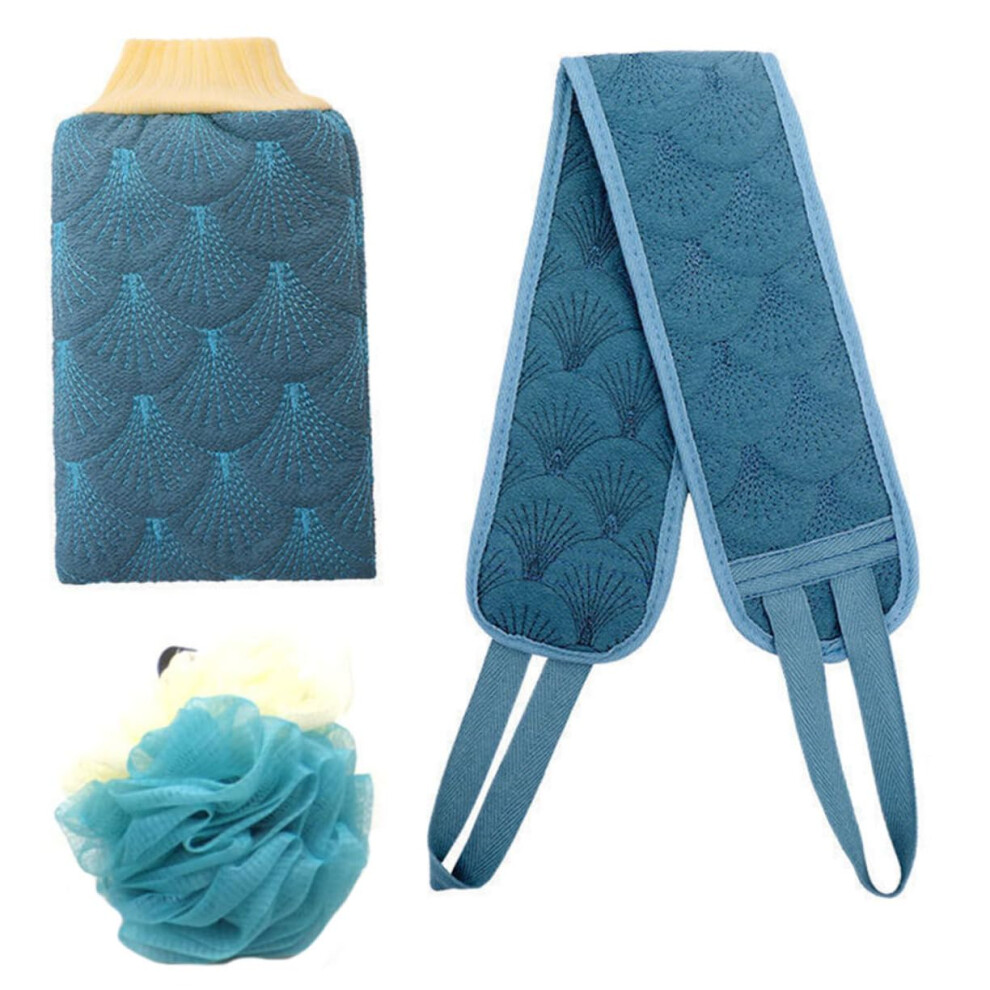 3piece set: Exfoliating shower glove, back cleansing strips, and massage ball for gentle skincare, daily body cleansing, and exfoliation.