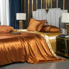 Ice Silk Bedding Set With Duvet Cover Bed Sheet Pillowcase King Size 3Piece BrownCamel Solid Summer
