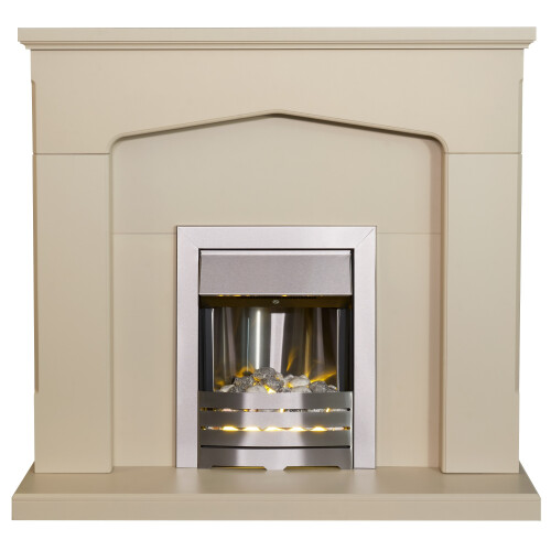Adam Adam Cotswold Fireplace Stone Effect + Helios Electric Fire Brushed Steel, 48"