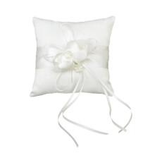 Wedding Decoration Cushion Ring with Beautiful Flower Buds and Faux Pearls Elegant Pocket Ring Cushion for Bridal Ceremony White with Ribbons