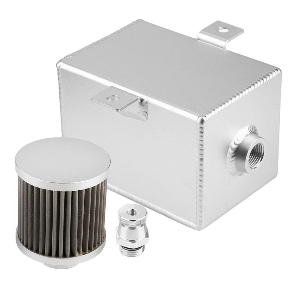 Oil Catch Can Reservoir Tank, Universal Fitment Engine Oil Catch Can With Breather Kit, Dual Filter Oil Mist Filtering System, Tig Welded 9358999036144