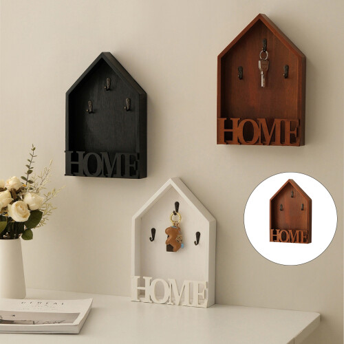 Wall Mounted Key Shelf Natural Wood Metal Multi Hook-Black 2