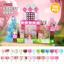 100 Stück magnetische Bausteine und Fliesen – Pink Forest Park 3D-Haus- und Baumszene mit niedlichen Charakterwürfeln –