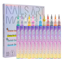 12-fargers nail Art-markører med ultrafin spiss (0,5 mm) - vannbasert hurtigtørkende blekk, solide farger og skinnende