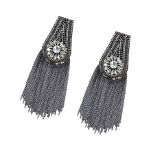 Rhinestones Shoulder Epaulette Metal Tassels-Grayish black