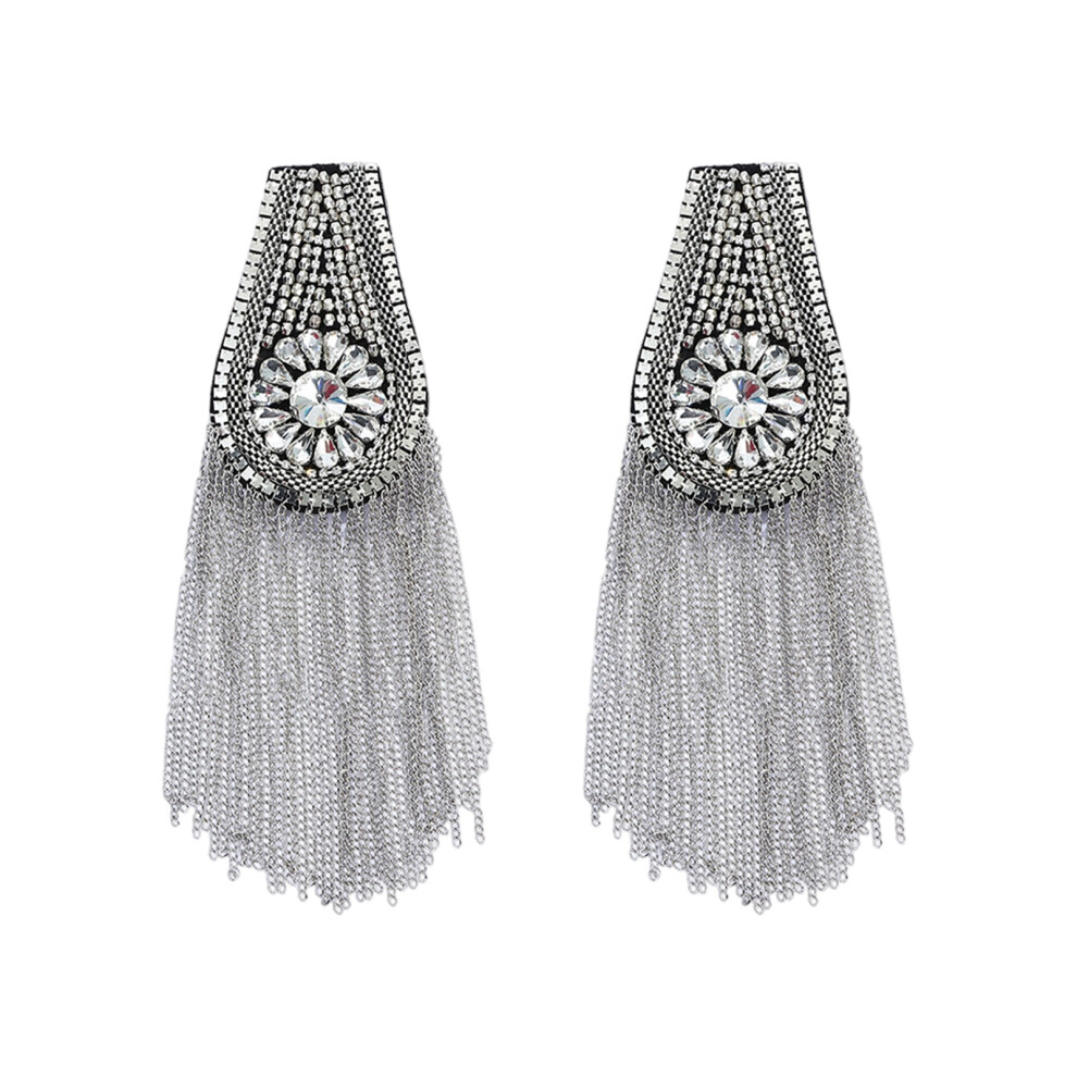 Silver Fringed Rhinestones Epaulette Metallic Tassels Shoulder