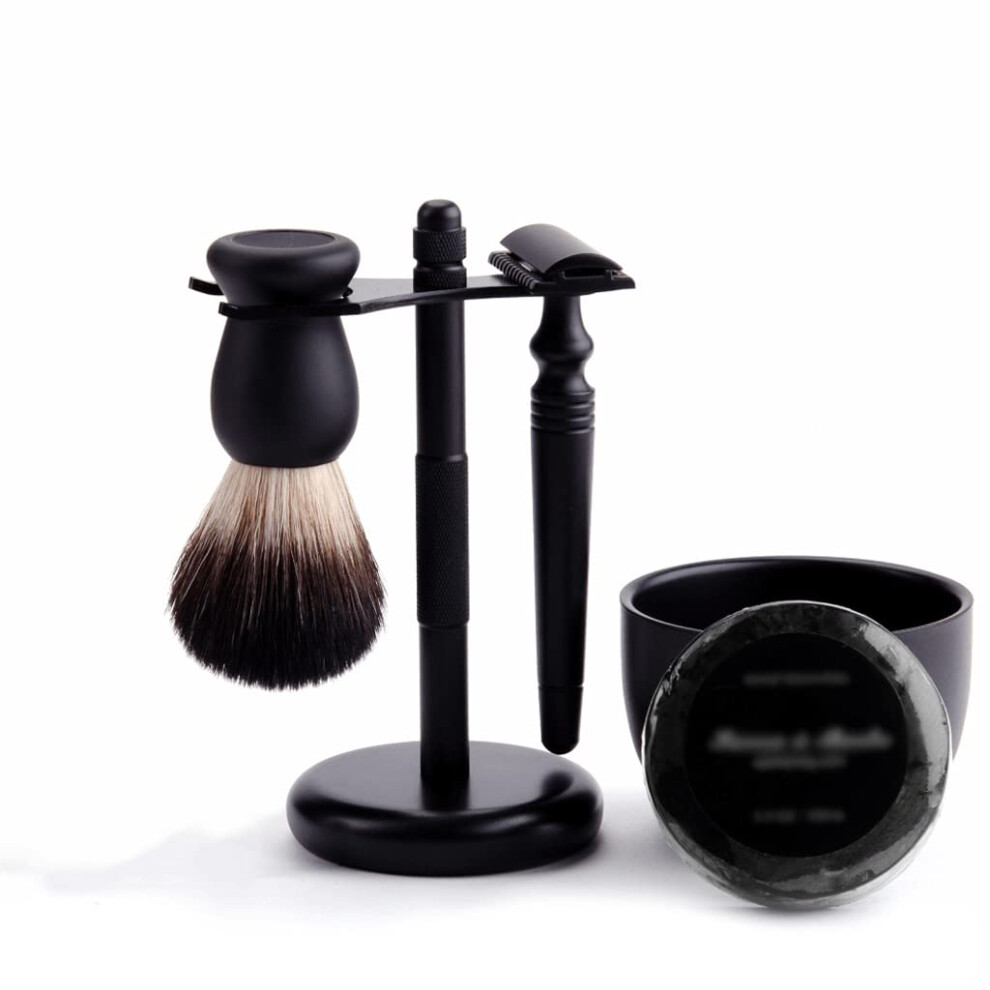 Black Shaving Razor Stand, 6Piece Shaving Brush Set, Doublesided Soap Dish, Metal Grooming Tools.
