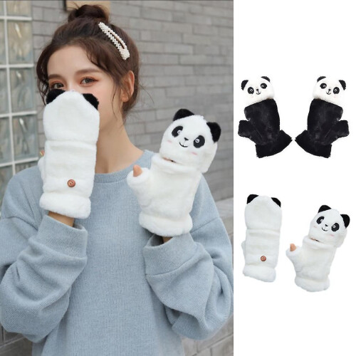Winterwarme Handschuhe, Plüsch-Panda-Handschuhe mit Klappverschluss, Tier-Halbfingerhandschuhe 1