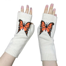 Gants chauds d'hiver, moufles extensibles pour adultes, gants tricotés brodés papillon, mitaines à demi-doigts
