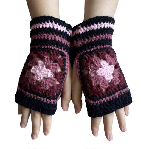 (rosarot) Winterwarme Handschuhe, dehnbare Fäustlinge, gestrickte Halbfingerhandschuhe mit Blumenmuster