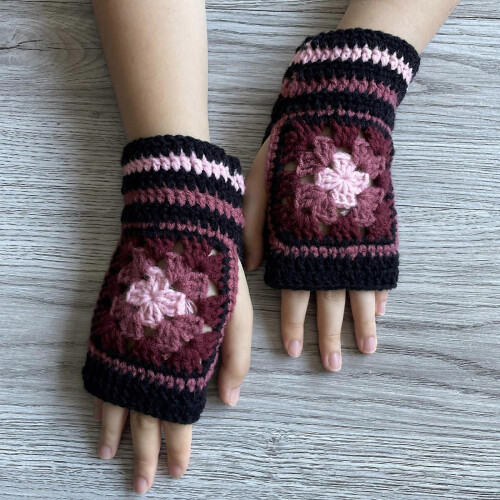 (rosarot) Winterwarme Handschuhe, dehnbare Fäustlinge, gestrickte Halbfingerhandschuhe mit Blumenmuster 2